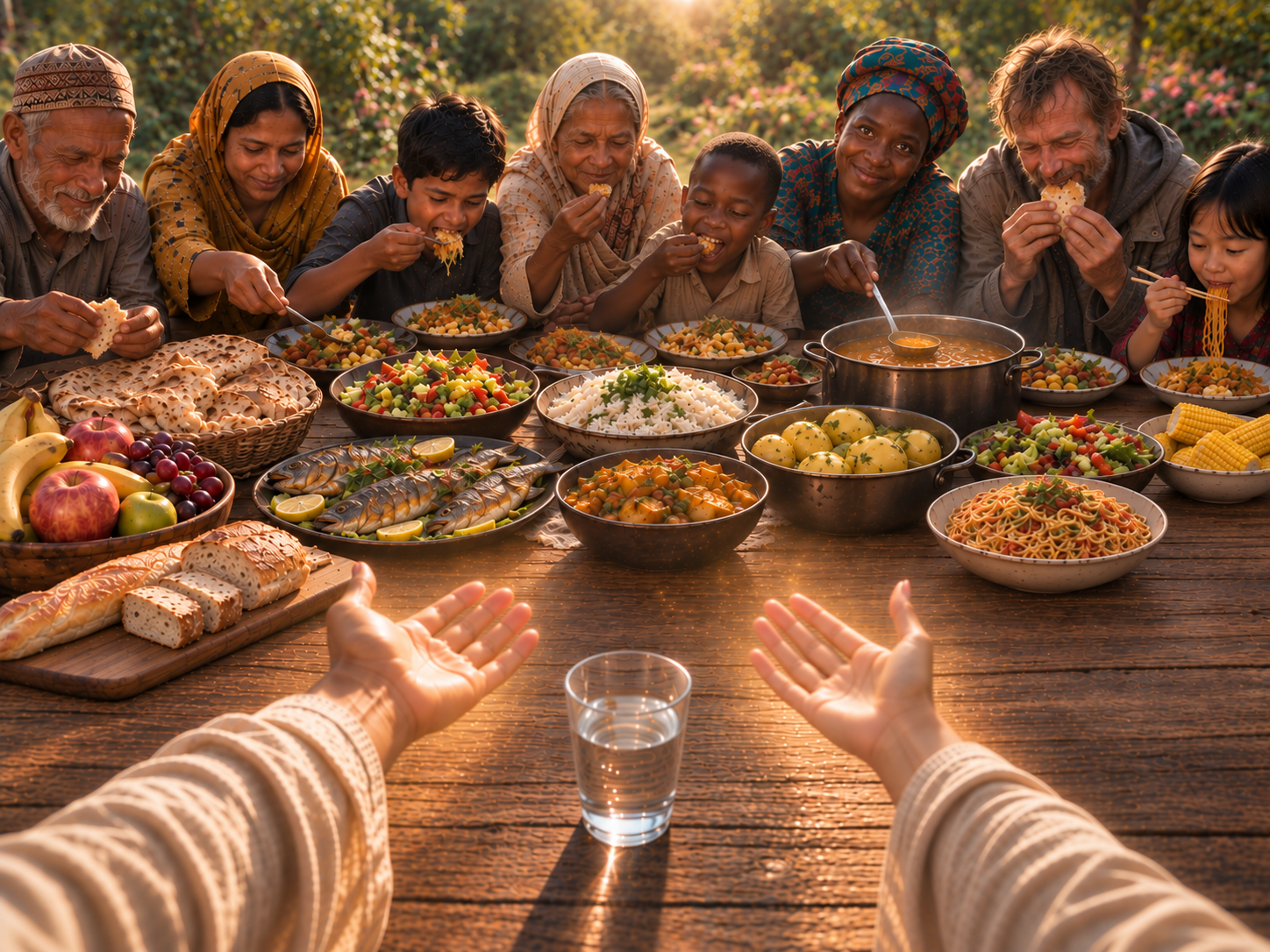 Mensen van over de hele wereld delen samen een tafel vol eten; op de lege plek aan de voorkant strekt de bezoeker twee open handen uit naast een glas water.